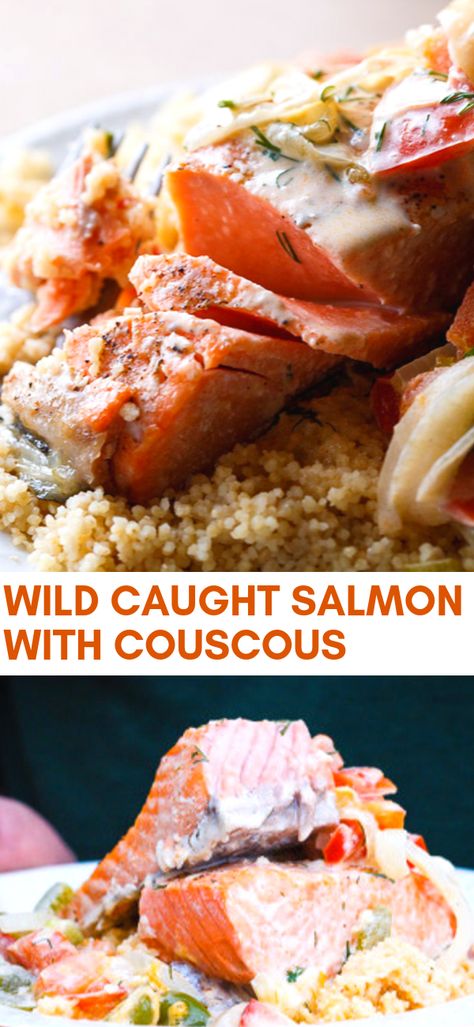 Oven baked salmon covered with delicious white tomato sauce and served with warm couscous. Couscous And Salmon, Salmon With Couscous, Salmon Couscous, Munchkin Time, Best Salmon Recipe, Couscous Recipe, Wild Caught Salmon, Oven Baked Salmon, Couscous Recipes