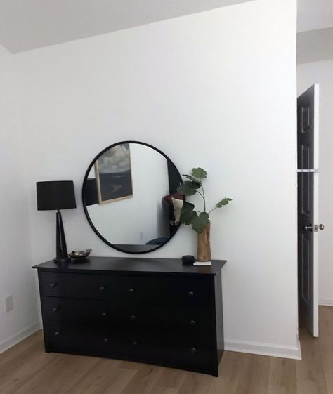 Man Bedroom, Green Dresser, Black Dresser, Black Dressers, Makeover Bedroom, Circle Mirror, Mens Bedroom, Bedroom Mirror, Room Makeover Bedroom