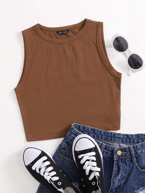 Solid Crop Tank Top, Brown Crop Top, Tank Top Outfits, Brown Outfit, Women Tank Tops, Crop Top Outfits, Crop Tank Top, Coffee Brown, Fashion Design Clothes