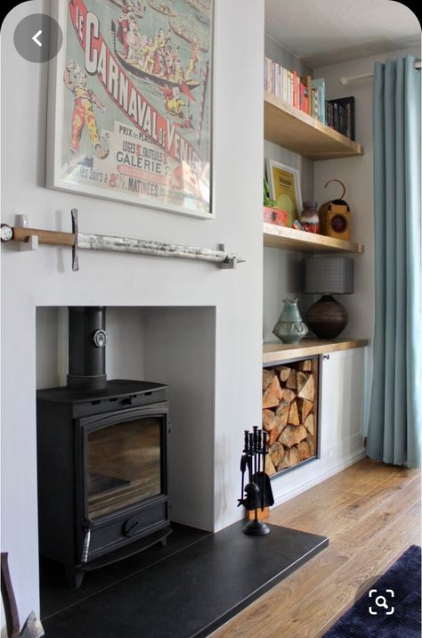 Alcove Storage Living Room, Alcove Ideas Living Room, Alcove Ideas, Alcove Units, Floating Shelving, Wood Burning Stoves Living Room, Alcove Shelves, Log Burner Living Room, Alcove Storage