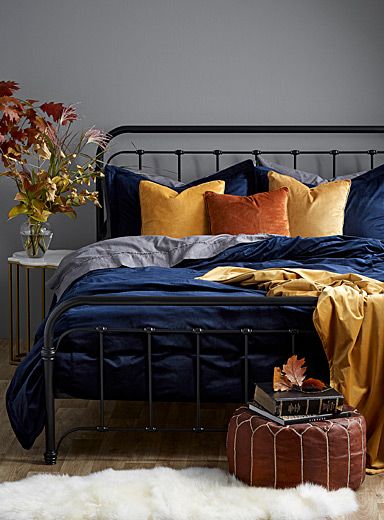 Mustard Bedroom, Velvet Duvet Cover, Navy Bedrooms, Velvet Duvet, Blue Bedroom Decor, Bedroom Orange, Eclectic Bedroom, Yellow Bedroom, Spare Bedroom