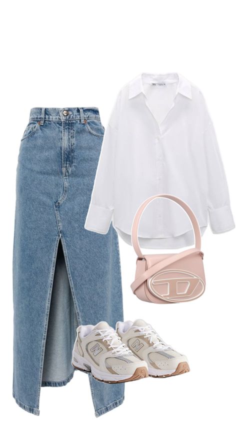 A classic white formal shirt paired with a trendy denim skirt exudes a perfect blend of sophistication and casual chic. The crisp white shirt adds a touch of elegance, while the denim skirt brings a modern and laid-back vibe to the outfit. This versatile combination is ideal for various occasions, whether it's a day at the office, a casual weekend outing, or a dinner date. The clean lines of the shirt complement the casual flair of the skirt, creating a stylish look that is both polished and effortless. Add some accessories and a stylish pair of shoes to complete the ensemble and you're ready to make a fashion statement wherever you go. Chic Weekend Outfits, Outfit Dinner, Outfit Simple, Weekend Outfits, Trendy Denim, Dinner Outfit, Formal Shirt, Crisp White Shirt, Casual Weekend