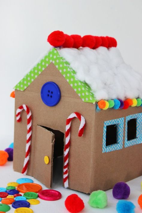 Cardboard Gingerbread, Gingerbread House Craft, Cardboard Gingerbread House, Gingerbread House Template, House Craft, Cardboard Box Crafts, Gingerbread Crafts, Winter Crafts For Kids, Crafts With Pictures