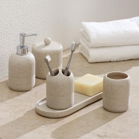 PRICES MAY VARY. 5 pieces bathroom soap dispenser set includes a soap dispenser pump, a toothbrush holder, 1pcs tumbler, 1 tray, 1 cotton Jar.Perfect for storing your toiletries and keep your bathroom counter fully organized neatly. Each product is made with durability on the forefront; high-quality polyresin material, you can preserve this item for good. This pretty bathroom set would make a awesome wedding gift, house warming gifts etc. Modern elegant look. Outfit your new bathroom or upgrade Bathroom Tumbler, Pretty Bathrooms, Soap Pump Dispenser, Beige Bathroom, Bathroom Soap Dispenser, Bathroom Accessories Sets, Bathroom Accessory Sets, Bathroom Accessory Set, Lotion Dispenser