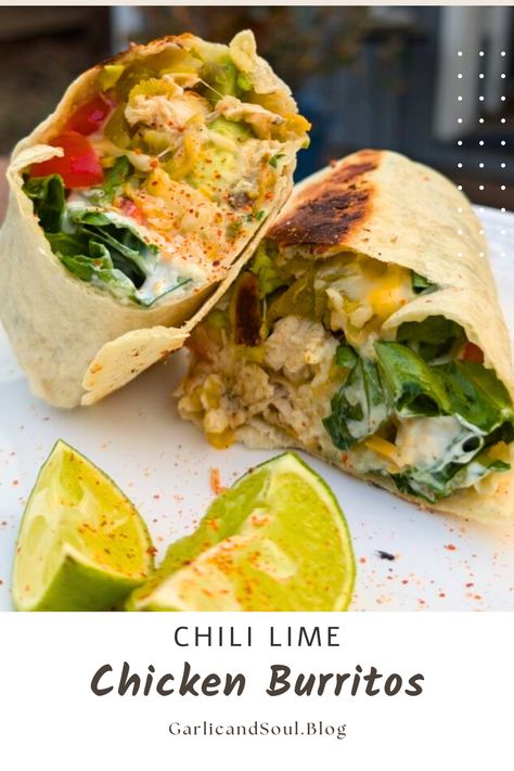 These easy chili lime chicken burritos are an excellent meal choice for weeknights or social gatherings. Pair with a side of warm corn chips and margaritas! Green Chile Chicken Burritos, Cilantro Lime Chicken Burritos, Cilantro Lime Chicken Meal, Chicken Burritos Recipe, Lime Cilantro Chicken, Cilantro Lime Chicken Burrito Bowl, Chili Lime Chicken Burgers, Burrito Recipe Chicken, Sides For Chicken