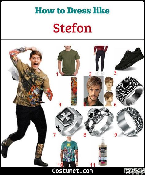 Stefon (SNL) Costume for Cosplay & Halloween Stefon Snl Costume, Stefon Snl, The Skeleton Twins, Hardy Shirts, Military Green Shirt, Fake Tattoo Sleeves, Asymmetrical Haircut, Multiple Rings, Goth Look