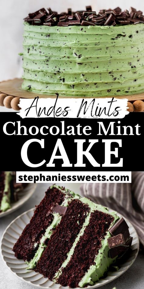 This chocolate mint layered cake is a moist chocolate cake filled with chopped Andes mints. It is topped with a chocolate mint frosting. White Chocolate Mint Cake, Mint Chocolate Chip Icing, Chocolate Mint Pound Cake, Chocolate Cake With Mint Frosting, Chocolate Mint Layer Cake, Chocolate And Mint Cake, Andes Chocolate Cake, Andes Mint Chocolate Cake, Mint Chocolate Frosting