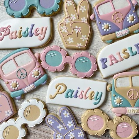 Retro Birthday Cookies, Two Groovy Birthday Cookies, Two Groovy Cookies Decorated, 5 Is A Vibe Cookies, Two Groovy Cookies, Preppy Cookies, Bach Cookies, Four Ever Groovy Birthday, Baby Birthday Cookies