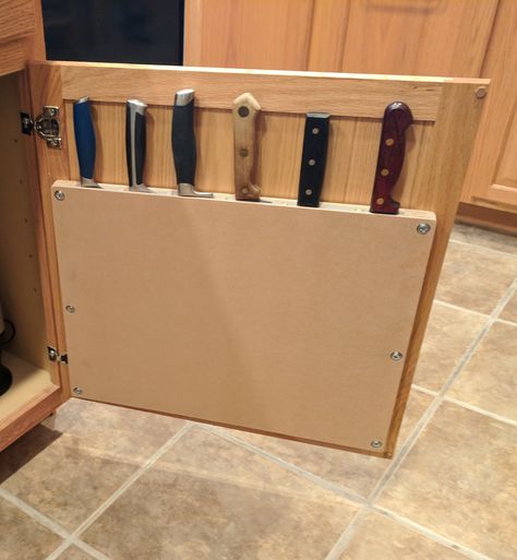 Cabinet door mounted knife block.  My own design and build (Pic1) Cabinet Door, Knife Block, Cabinet Doors, Trash Can, Building, Design