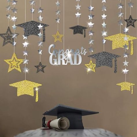 Cheerland Gold Silver Black Graduation Party Decoration Kit Black Cap Decor Shiny Congrats Grad Banner Star Hat Garland Streamer Banner Backdrop Photo Booth Background for Ceiling Home Classroom Stars Graduation Theme, Grad Backdrop Ideas, Gray Graduation Background, Cheap Black Graduation Cap Topper For Graduation Party, Banner Graduation Design, Congrats Grad Backdrop, Graduation Garland, Grad Banner, Gold Graduation Party