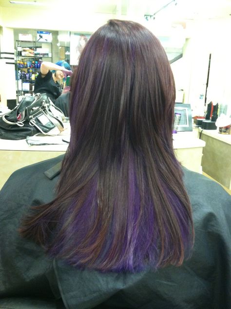 Deep brown with purple peekaboos for just a splash of color and fun Purple Peekaboo Highlights, Funky Highlights, Undercolor Hair, Purple Highlights Brown Hair, Rainbow Beauty, Peekaboo Hair Colors, Underlights Hair, Peacock Hair, Peekaboo Highlights