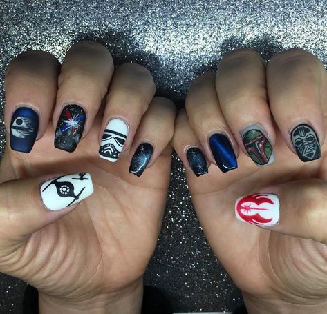 Booked Through NOVEMBER🦋 on Instagram: “Starwars✨🌌” Star Wars Acrylic Nails, Star Wars Theme Nails, Starwars Nail Designs, Short Star Wars Nails, Star Wars Nails Bb8, Star Wars Nails, Punk Nails, Nail Art Disney, Disney Nails