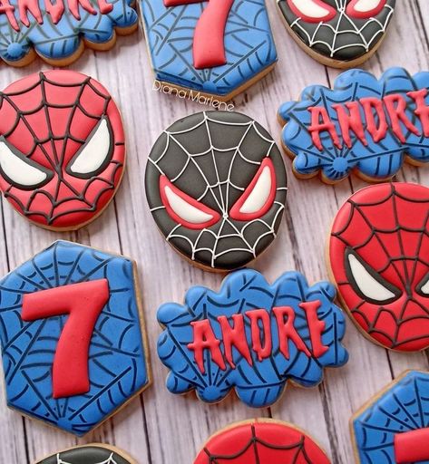 Spiderman Party Desserts, Spider Man Birthday Cookies, Spidey Birthday Cookies, Spidey And Friends Cookies Decorated, Spiderman Cookies Royal Icing, Spiderman Biscuits, Spiderman Deserts, Spiderman Cakesicles, Spiderman Birthday Cookies