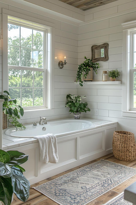 40 Shiplap Bathroom Ideas To Add Charm to Your Space New England Bathroom Ideas, Cape Cod Style Bathroom, English Country Style Bathroom, Elegant Farmhouse Bathroom, Shiplap Master Bath, Fireplace In Master Bath, Shiplap And Beadboard Walls, Shiplap Around Bathtub, Vertical Shiplap In Bathroom