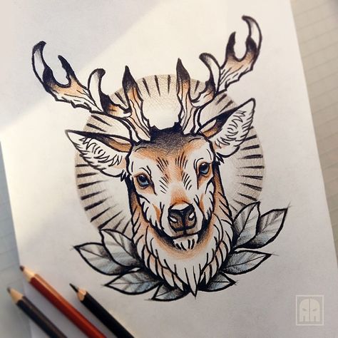 deer Traditional Deer Tattoo, Tattoo Hummingbird, Deer Head Tattoo, Elk Tattoo, Deer Tattoo Designs, Stag Tattoo, Tier Tattoo, Framed Tattoo, Deer Tattoo