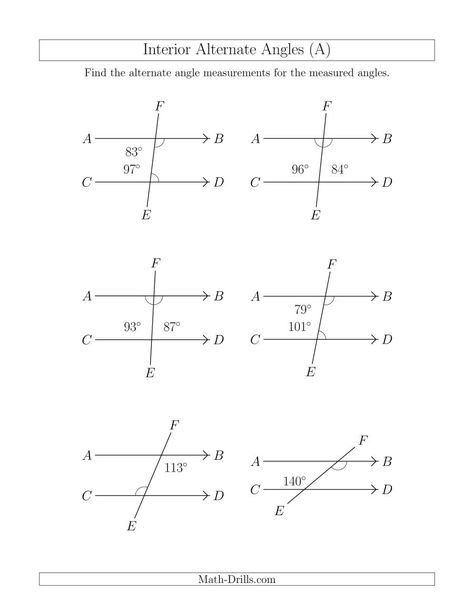 The Interior Alternate Angle Relationships (A) Math Worksheet from the Geometry Worksheets Page at Math-Drills.com. Angles Math Activity, Alternate Interior Angles, Angles Math, Alternate Angles, Angle Relationships, Angles Worksheet, Math Drills, Geometry Worksheets, School Break