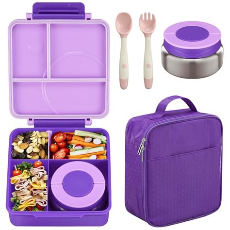 Bento Lunch Box Set for Kids with 8oz Soup Thermo, Leak-Proof Lunch Containers with 4 Compartment, Kids Thermo Hot Food Jar and Insulated Lunch Bag for Kids to School-Purple Lunch Bag For Kids, Work Lunches, Lunch Box Set, Kids Lunch Bags, Hot Food, Lunch Containers, Work Lunch, Kids Food, Food Jar