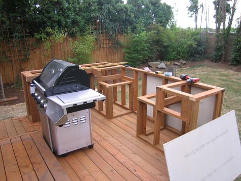 How to Build an Outdoor Kitchen and BBQ Island | Dengarden Outdoor Grill Station, Outdoor Bbq Grill, Outdoor Kitchen Countertops, Outdoor Barbeque, Outdoor Kitchen Bars, Diy Bbq, Outdoor Kitchen Plans, Build Outdoor Kitchen, Outdoor Bbq Kitchen