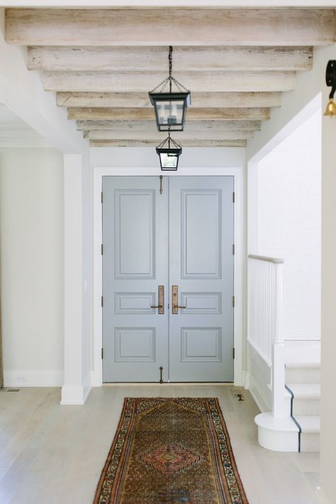 Benjamin Moore Cape May Cobblestone Interior Door via Kate Marker Interiors Cape May Cobblestone, Tub Decor, Remodel Stairs, Interior Cottage, Kate Marker Interiors, Decor Plants, Door Paint Colors, Painted Front Doors, Decor Quotes