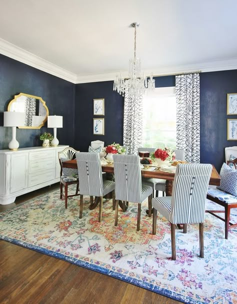 Blue and white dining room decorated for summer with blue and white striped chairs and a multi-patterned rug. Sources and a fun DIY project for the table listed on the post. Room With Blue Walls, Blue And White Dining Room, Dining Room Navy, Tablescapes Christmas, Fall Dining Room, Autumn Dining, House Dining Room, Dining Room Blue, Dining Room Makeover