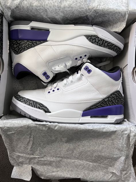 Jordan 3s Dark Iris, Jordan 3 Iris, Dark Iris Jordan 3, Jordan 3 Dark Iris, Cute Jordans, Skate Fits, Rick Owens Shoes, Off White Sneakers, Pretty Sneakers