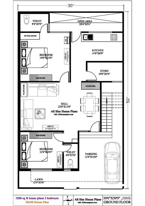 North Facing House Plan, 30x50 House Plans, 1500 Sq Ft House, North Facing House, 20x40 House Plans, 30x40 House Plans, House Plan With Loft, 2bhk House Plan, Basement House Plans