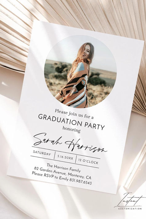 Editable graduation announcement featuring a modern design with a personalized photo, elegant fonts, and clean layout, displayed on a neutral background with soft light accents. Save The Date Graduation, Graduation Party Invitations Templates, Graduation Invitations Template, Graduation Announcement, Graduation Celebration, Graduation Party Invitations, Graduation Announcements, Graduation Invitations, Graduation Party