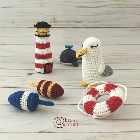 CROCHET PATTERN NAUTICAL Amigurumi / Lighthouse / Whale / Handmade Baby Clothes Patterns, Crochet Boat, Nautical Crochet, Vintage Lobster, Lobster Buoys, Baby Clothes Patterns Sewing, Crochet Fish, Crochet Mobile, Crocheted Toys