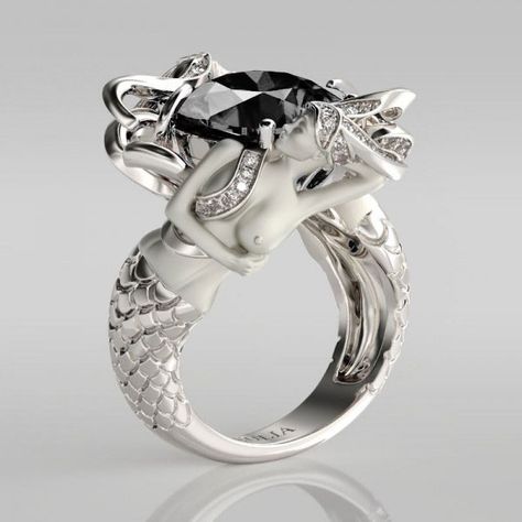 An AWESOME Cushion Cut Black Diamond Rhodium Plated Sterling Silver Women's Mermaid Engagement Ring By Jeulia. Take advantage of this Valentine's deal at a price of $259.95 marked down from $988.95. Price and availability determined by the supplier. Dragon Ring Engagement, Bijoux Art Nouveau, Mermaid Ring, Latest Jewellery Trends, Silver Mermaid, Mermaid Jewelry, Black Diamond Ring Engagement, Discount Jewelry, Latest Jewellery