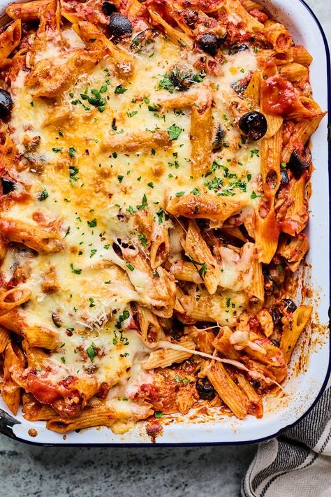 Spicy Tuna Pasta Bake | Olive & Mango Spicy Tuna Pasta, Tuna Bake, Baked Olives, Tuna Pasta Bake, Pasta Puttanesca, Tuna Pasta, Spicy Tuna, Midweek Meals, Chili Flakes