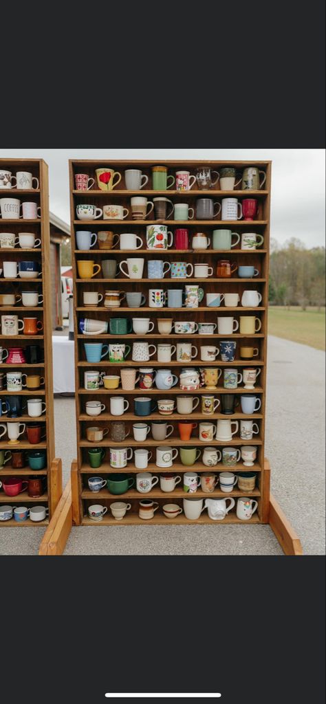 Coffee Cup Wall Wedding, Mug Wall Display Wedding, To Have And To Hold Mug Wall Wedding, Mug Wall Wedding, Wedding Favor Display, Mug Wall, Selfie Station, Fox Wedding, Mug Display