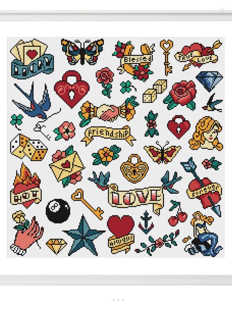 American Traditional Cross Stitch, Cross Stitch Patch Patterns, Tattoo Cross Stitch Pattern, Traditional Tattoo Cross, Cool Cross Stitch Patterns, Cross Stitch Patterns Free Easy, Small Cross Stitch Patterns, Vintage Cross Stitch Patterns, Cross Stitch Tattoo