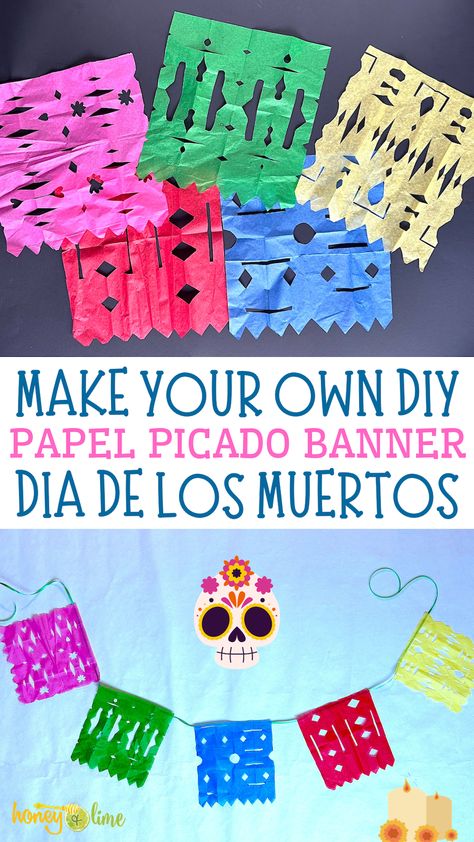 Mexican Paper Banner, Diy Papel Picado, Day Of The Dead Crafts, Banner Craft, Picado Banner, Kids Banner, Papel Picado Banner, Mexican Traditions, Day Of The Dead Art