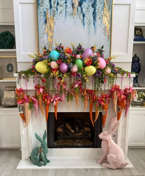 Whimsical Easter Decor, Easter Mantel Decor, Easter Decorations Mantle, Spring Mantle Decorating Ideas, Easter Mantel Decorating Ideas, Easter Fireplace Mantel Decor, Easter Fireplace Mantel, Natural Easter Decor, Easter Mantle Decor