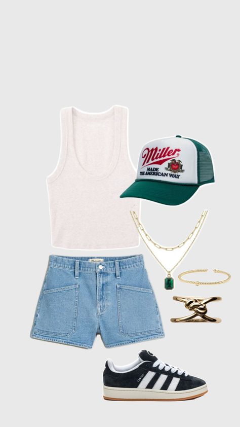 casual outfit, madewell shorts, trucker hat, graphic hat, gold jewelry, adidas campus, errand outfit, outfit inspo Outfit Inspo With Trucker Hat, Casual Trucker Hat For Summer Beach, Summer Trucker Hat With Visor, Casual Denim Trucker Hat, Y2k Trucker Hat Outfit, Trucker Hat Outfit, Errands Outfit, Jean Short Outfits, Adidas Campus