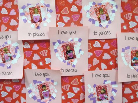 Valentine card for parents pre-k craft.  Have kids make swirls on paper with the whole shaving cream and food coloring thing.  Then take a picture of them in front of Valentine wrapping paper. Have them cut pieces and glue them around the heart. Kindergarten Valentine Crafts, Preschool Valentine Cards, Preschool Valentine Crafts, Valentine Card Crafts, Kindergarten Valentines, Easy Valentine Crafts, Valentine Gifts For Kids, Preschool Valentines, Valentine Activities