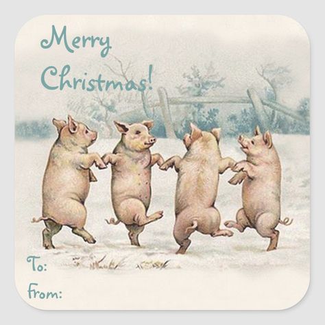 Cute Funny Dancing Pigs "Merry Christmas" Package Square Sticker - Custom Stickers - Make Your Own Personalized Decorative Decals Size: Small, 1½ inch. Gender: unisex. Age Group: adult.