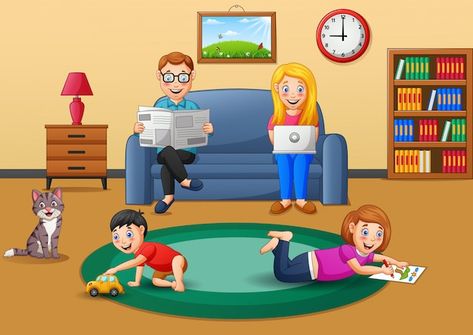 Family cartoon working active in the hou... | Premium Vector #Freepik #vector #illustrations #cartoon-design #flat-illustration #room-illustration Picture Comprehension, Summer Camp Activities, Action Pictures, English Learning Books, Picture Composition, Cartoon House, Community Helper, Action Cards, Grammar Activities