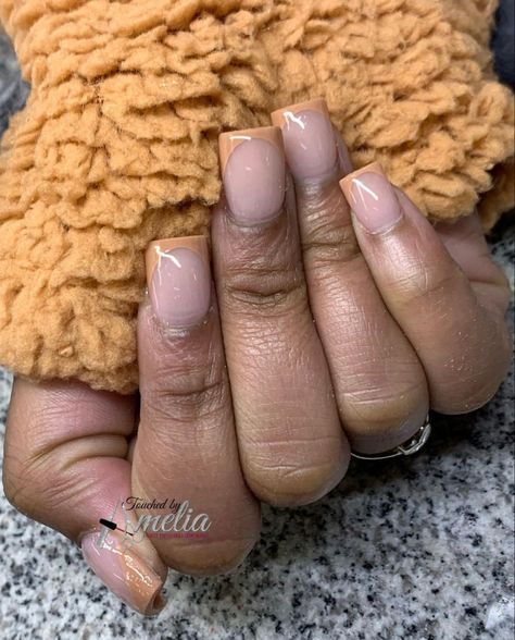 Brown Manicure Short Nails, French Tips For Fall, Light Brown French Tip Nails, Short Nails Brown, Fall Nails And Toes, Short Fall Acrylic Nails, Fall Nails Short Square, Neutral Nails Acrylic, Short French Tip Nails