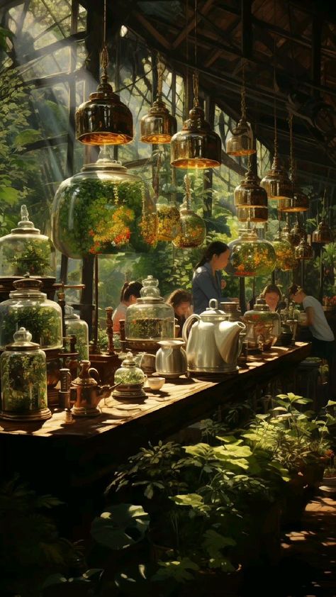 🍃 Immerse yourself in the enchanting world of herbal tea blends! Fantasy Tea Shop, Tea House Aesthetic, Tea Room Aesthetic, Tea Shop Aesthetic, Solarpunk City, Nature Princess, Tea Store Design, Reading Tea Leaves, Herbal Shop