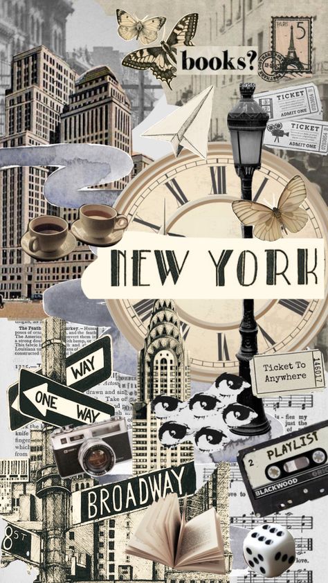 Nova York Aesthetic, Vintage New York Aesthetic, New York Scrapbook, Stockholm Wallpaper, Collages Aesthetic Vintage, Nyc Background, New York City Wallpaper, Vintage Aesthetic Collage, Aesthetic New York