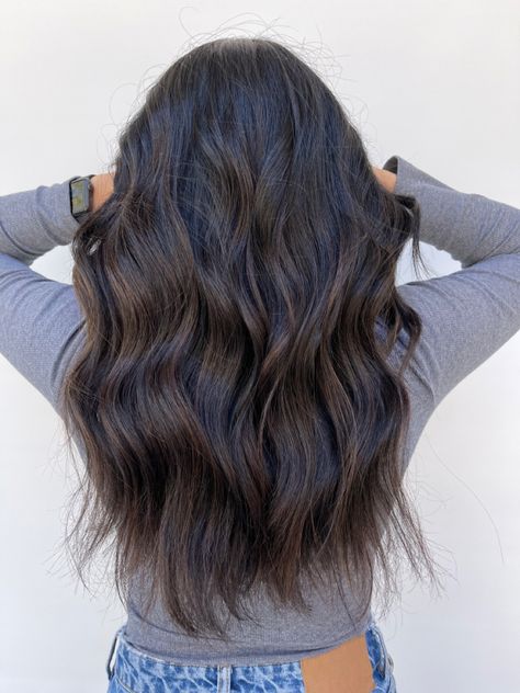 Brown Hair With Dark Highlights Black, Rich Dark Brown Balayage, Black Color Haircuts, Dark Brown Hair Balayage On Black Hair, Darkest Mahogany Brown Hair, Muted Brown Balayage On Black Hair, Dark Brown Black Balayage, Brown Almost Black Hair Color, Black Hair For Fall