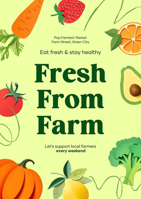 Fresh from farm poster template | premium image by rawpixel.com / Aew Farm Poster, Line Aesthetic, Agriculture Design, Tropical Abstract, Grocery Store Design, Support Local Farmers, Green City, Poster Layout, Awesome Designs