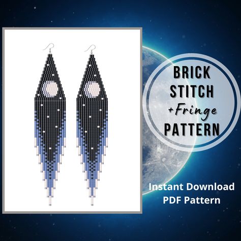 Moon seed bead earrings pattern Celestial brick stitch fringe earring Galexy space beaded jewelry Miyuki delica pattern by HelenBeadPatterns on Etsy Fringe Earring, Earrings Pattern, Beaded Earring, Moon Pattern, Ladder Stitch, Beaded Earrings Patterns, Honeycomb Pattern, Mass Production, Earring Patterns