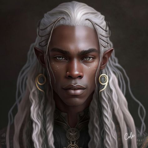 Black Elf Male, Elf White Hair, Dark Skinned Elf, White Hair Dark Skin, Black Elf, Elf Drawings, Elf Family, Elf Man, Pointy Ears