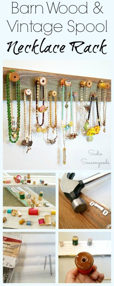 Create a gorgeous, farmhouse style jewelry or necklace rack by repurposing a salvaged barn wood board and upcycling some vintage wooden thread spools! A lovely DIY craft project to organize, store, and display your jewelry. Fun, easy, upcycle project from #SadieSeasongoods / www.sadieseasongoods.com Wood Board Crafts, Diy Jewelry Hanger, Wooden Thread Spools, Necklace Rack, Wooden Spool Crafts, Easy Upcycle, Wood Jewelry Diy, Wood Jewelry Display, Gorgeous Farmhouse