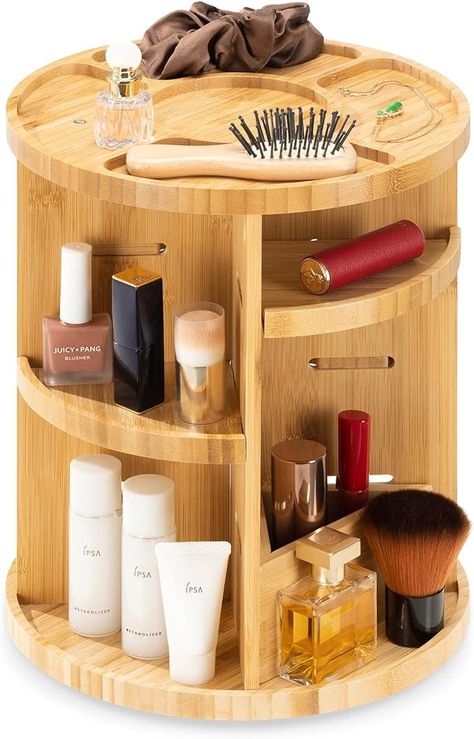 Navaris Make Up Organiser 360° Rotatable - Storage for Cosmetics Perfume - Rotating Bamboo Makeup Stand - 25 x 30.5 cm Bathroom Decoration - Makeup Shelf Light Brown : Amazon.de: Beauty Wooden Makeup Organizer, Makeup Shelf, Shelf Light, Makeup Shelves, Bamboo Makeup, Makeup Stand, Shelf Lighting, Make Up Organiser, Bathroom Decoration