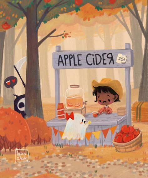 Apple Illustration, Book Illustration Design, Children's Book Illustrations, Warm Apple Cider, Halloween Stories, Warm Apple, Autumn Illustration, Childrens Books Illustrations, Halloween Illustration