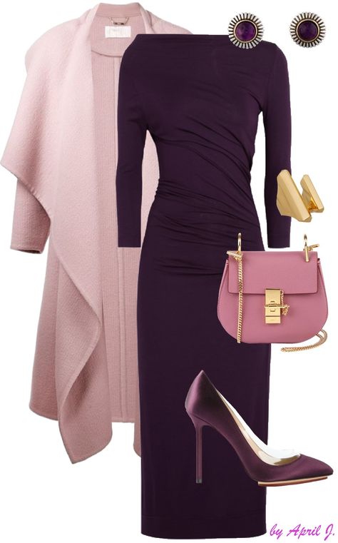 "Blush & Berries" - Chloe coat; Vivienne Westwood dress; Vintage Amethyst earrings; Jennifer Fisher ring; Chloe bag; Charlotte Olympia pumps Mauve Purse Outfit, Buissnes Casual Dresses, Plum Outfit Ideas Color Combos, Mauve Outfit Ideas Color Combos, Westwood Dress, Vivienne Westwood Dress, Pink Winter, Romantic Dinner, فستان سهرة