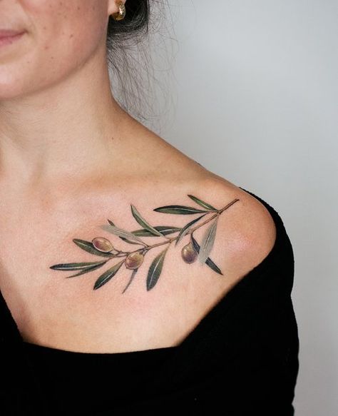 Olive Tattoo, Clavicle Tattoo, Olive Branch Tattoo, Tattoo Machine Tattoo, Needle Tattoo, Pink Tattoo, Branch Tattoo, Tattoo Needle, Circle Tattoos